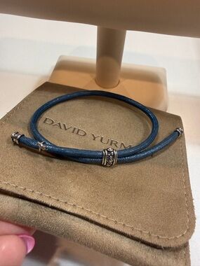 David Yurman Navy Blue Double-Wrap Leather Bracelet with Sterling Accents